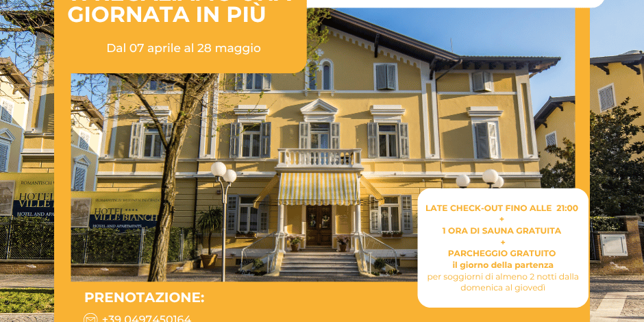 Offerta Late Check-out a Grado – Una giornata in più all’Hotel Ville Bianchi Hotel Ville Bianchi a Grado con offerta late check-out: soggiorna almeno 2 notti e resta fino alle 21 con parcheggio gratuito il giorno della partenza